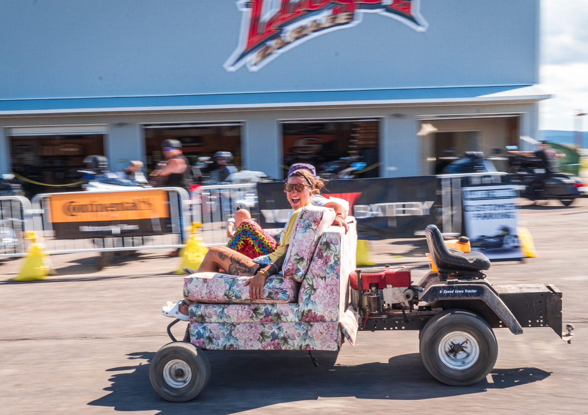 Jason Lightner on motorized couch in Sturgis Buffalo Chip CrossRoads